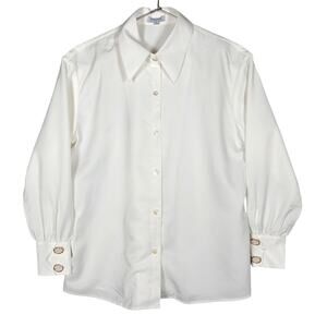 Petite Studio NYC Button Down Shirt SIze XS White Golden Pearled Cuff Buttons